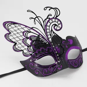 Mascarada de mariposa de metal con diamantes de imitacion y purpurina morada para Halloween.