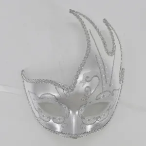 Silver masquerade mask detail, Venetian party costume accessory with glitter flame design.