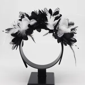 Black white feather flower headband detail shot lace mesh gothic party hair accessory