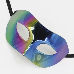 Close up detail view of the glossy iridescent masquerade eye mask with metallic finish.