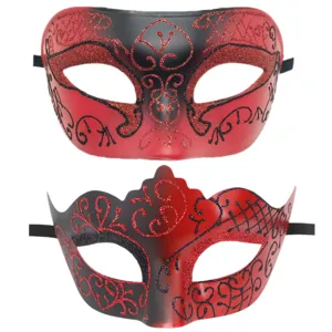 Couple masquerade mask set, red and black glitter party masks for Halloween celebrations.