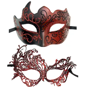 Detailed view of couples masquerade masks featuring a black red horn mask and intricate red lace.