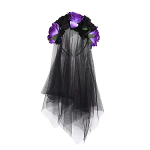 Elegante cerchietto Halloween con rose nere e lungo velo in tulle per feste gotiche