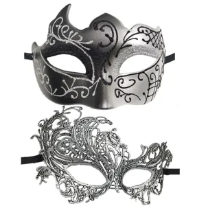 Couples masquerade masks set, black silver horn mask and silver lace mask for Halloween.