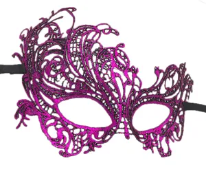 Purple lace masquerade mask detail view, perfect for Halloween, parties, and cosplay events.