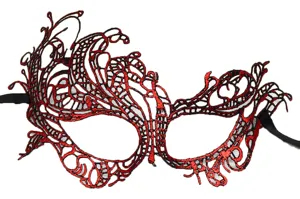 Black and red lace masquerade mask, delicate embroidery design for party and Halloween events.
