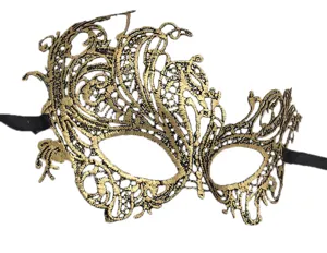 Gold and black lace masquerade mask for party, Halloween, and costume balls with ribbon ties.