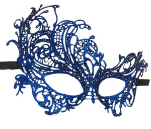Exquisite blue black lace masquerade mask with intricate hollow patterns for fancy party.