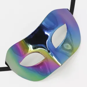 Close-up detail view of the colorful holographic masquerade mask for party events.