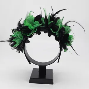Halloween black green feather flower headband party hair accessory for women detail shot
