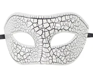White black crackle masquerade mask detail, half face party costume Halloween accessory.