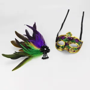 Carnival sequin masquerade mask and feather hair clip set for party festive events