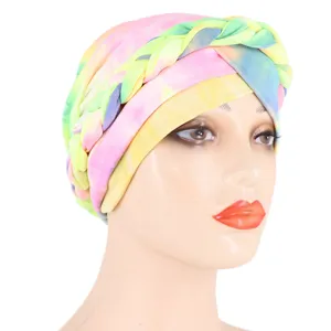 Colorful tie-dye braided head wrap for women, stylish milk silk turban cap for daily wear.