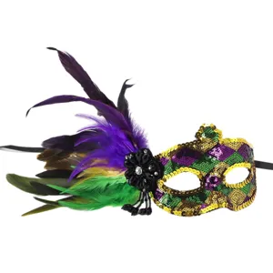 Mardi Gras carnival sequin masquerade mask with vibrant feathers for festival party eye mask.