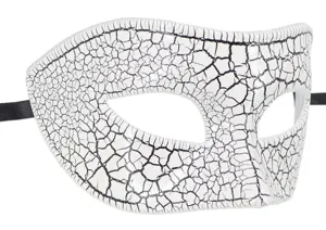 Detail view of white masquerade mask with black crackle texture and ribbon straps.