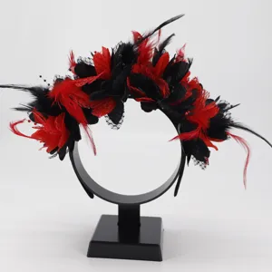 Exquisite red and black feather flower detail on this chic party headband for women.