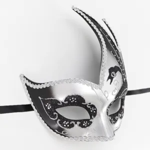 Venetian masquerade party mask with black and silver swan flame curves for holiday decor.