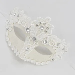 Mascarada de encaje blanco con diamantes de imitacion para fiesta de Halloween y cosplay.
