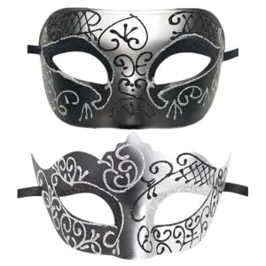 Detailed view of exquisite black and silver glitter masquerade masks for couples parties.