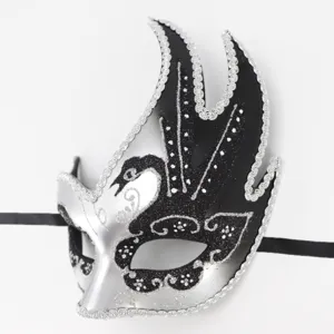 Venetian masquerade mask detail, black swan flame design with silver glitter for party.