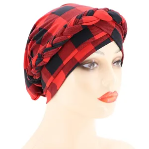 Red black buffalo plaid braided turban cap detail showing the front twist and soft milk silk fabric