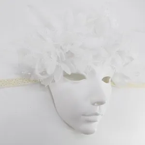 Weisse Maskerade Maske mit zarten Blumen Spitzen und Federdetails fur Halloween und Party.