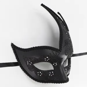 Black masquerade mask detail, Venetian swan style with glitter and curved corner.