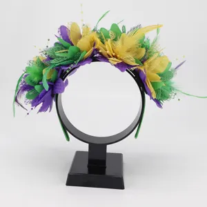 Feather flower headband for festival party, colorful costume hair accessory detail shot.