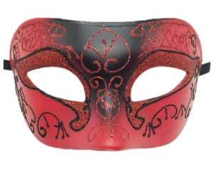 Close-up detail van het rood-zwarte masker voor een masqueradebal met glitterpatronen.