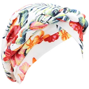 Women Floral Print Turban Hat Braided Criss-Cross Headwrap Polyester Breathable Indian Cap Stretch Beanie Headwear For Ladies Daily Wear