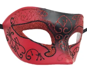 Rood zwart glitter masker detail, perfect voor Halloween feesten en verkleedpartijen.