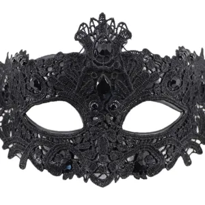Zwarte kanten masker met strass steentjes voor Halloween feest en verkleedpartij.