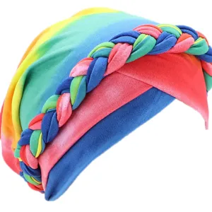 Colorful tie-dye turban hat for women, soft milk silk braided head wrap for daily wear.