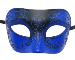 Gedetailleerd overzicht van het blauw-zwarte masquerade masker met sprankelende glinsterende patronen.