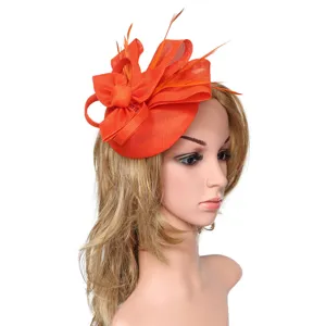 Sombrero fascinator naranja con plumas malla para mujeres boda fiesta cóctel carrera