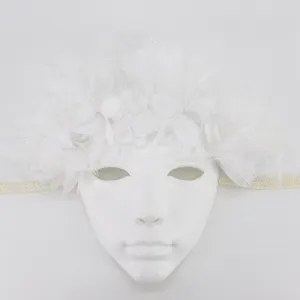 Weisse Maskerade Maske mit feiner Spitze und Federn fuer Party Cosplay und Kostuem.