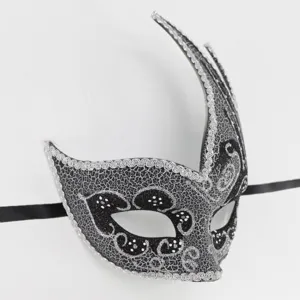 Black silver masquerade mask flame curved horn Venetian party festival costume accessory detail