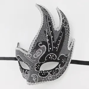 Venetian masquerade mask black silver glitter flame curved horn design party Halloween carnival prop