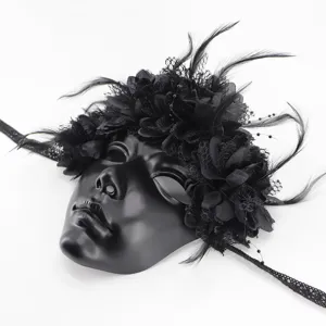 Schwarze Maskenball Maske mit Blumen Federn Spitzen für Halloween Party Kostüm Show.
