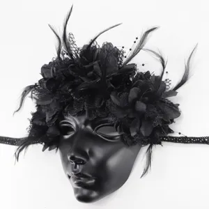 Detailansicht der eleganten schwarzen Maskerade-Maske mit feinen Federn und floralem Spitzen-Design.
