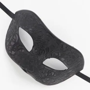 Gedetailleerd overzicht van een zwart masker met een ingewikkeld reliëf wijnrankpatroon.