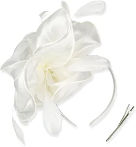 White organza feather hair accessory detail shot, elegant fascinator for party and prom use.