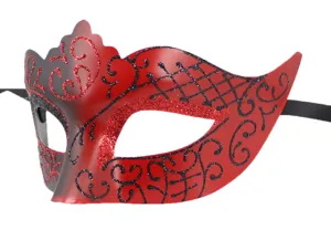 Mascara de mascarada roja y negra con detalles de purpurina, ideal para fiestas, Halloween y baile.