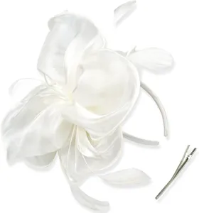White organza feather fascinator headband with hair clip for party wedding cocktail event.