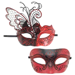 Paar Maskerade Maske Set mit Schmetterling Design, rot schwarze Glitzer Party Masken für Halloween.