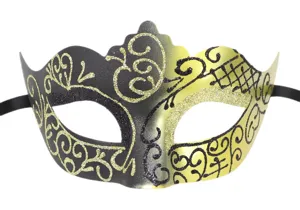 Elegante máscara de fiesta de máscaras negra y dorada con detalles brillantes para eventos.
