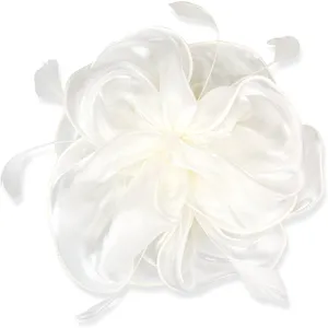 Elegant white organza fascinator with delicate feathers, perfect for party, prom, and cocktail.