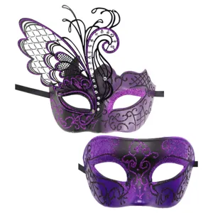Masken Set mit Schmetterling Metall Filigran und lila Glitzer für Halloween Party.