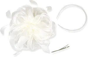 White organza feather fascinator set with headband and clip for party wedding hat