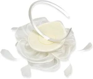 White organza fascinator detail view, back structure with headband and feather accents.
